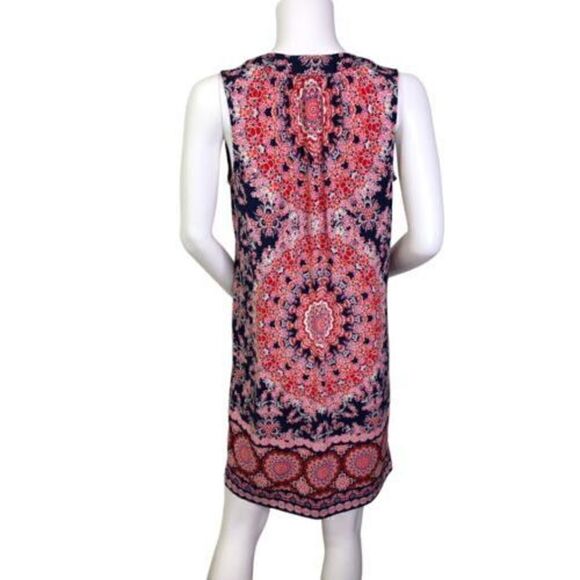 Chico’s Petite Floral Geo Print Dress Size 0 Small 4 Pink Blue Tassels Stretch - Picture 4 of 12